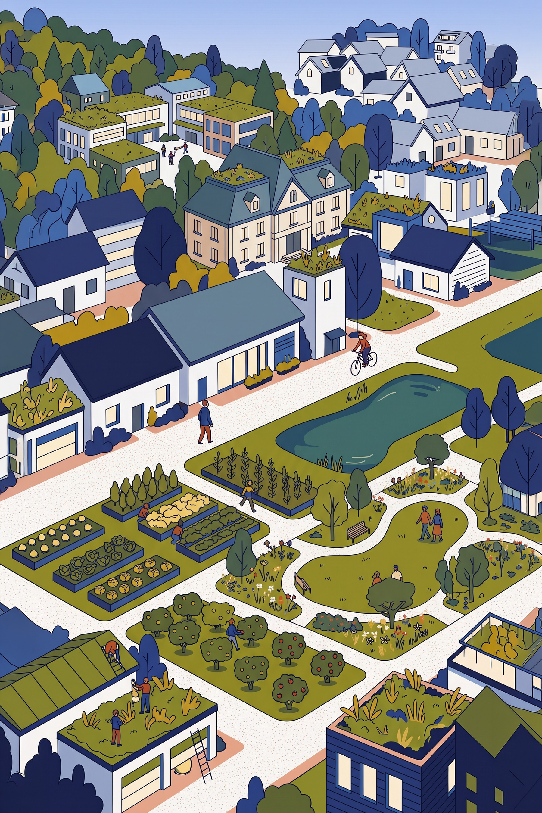 Vue isométrique d'un quartier végétalisé : toitures plantées, vergers, potagers partagés et espaces publics rafraîchis.